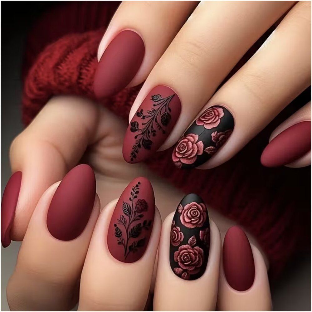 Floral Design Press-on Nails Burgundy & Black Deep Rose Red Matte Finish 24 pcs